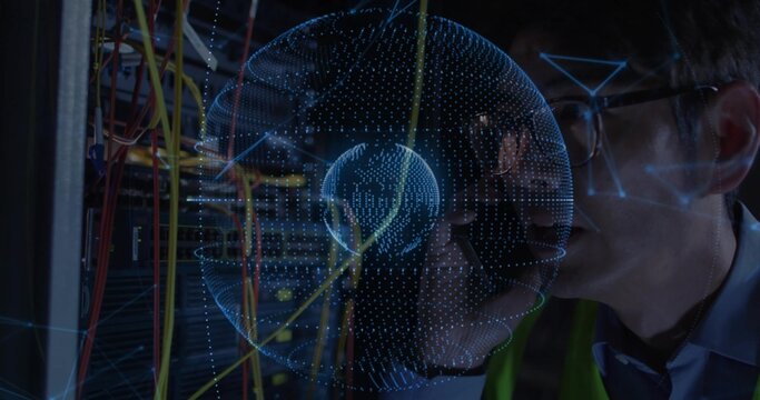 Inspecting tech wearing safety vest checking racks in server room with cables and holographic globe - Powered by Adobe