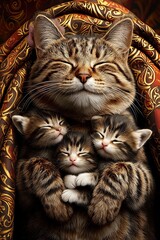 Cute cat mama mother with kittens top view