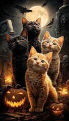 cute kittens cats halloween illustration smartphone mobile wallpaper lockscreen
