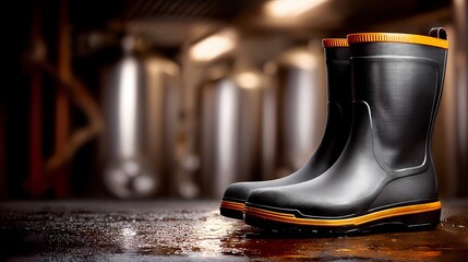 Black Rubber Boots with Orange Trim in Industrial Setting