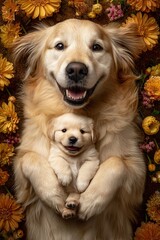 Golden retriever Cute dog mama mother with a puppy top view