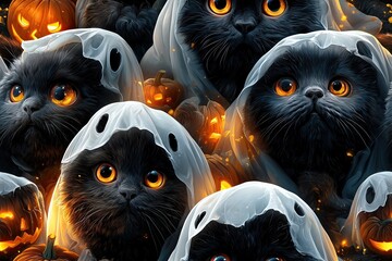 Kittens ghost and ghouls seamless pattern halloween illustration
