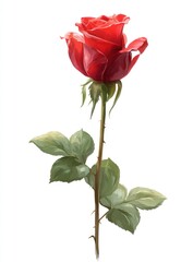 A vibrant, stylized red rose, with detailed petals and thorns, stands out against a white backdrop, its stem adorned with green leaves