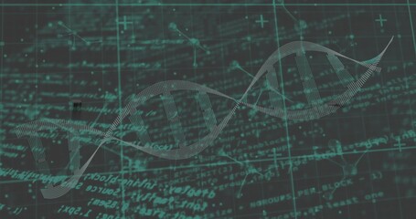 Displaying DNA helix undulating across data interface, with grid overlay, code streams and diagrams