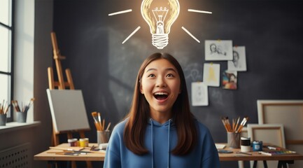 Kid imagining education with doodles on chalkboard background in 