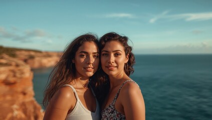 Fototapeta premium Two young women with curly hair standing together against a coastal backdrop, smiling at the camera