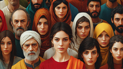 Illustration of a group of people from different religions all together as a symbol of mutual respect. Generative AI illustration