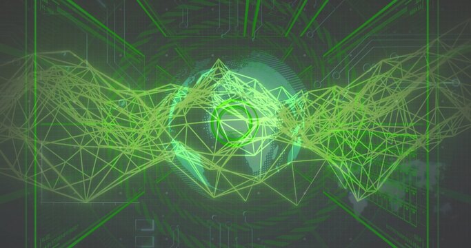 Naklejki Earth sphere rotating in virtual data interface, with wireframe mesh waves and circuit patterns