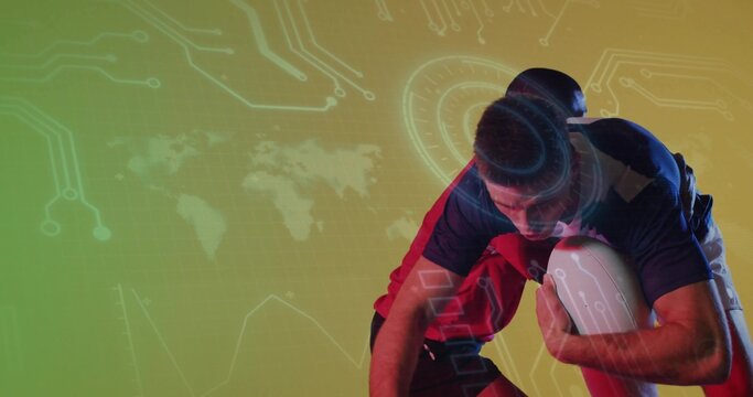 Tackling opponent wearing jersey and carrying white rugby ball in studio, with digital overlay