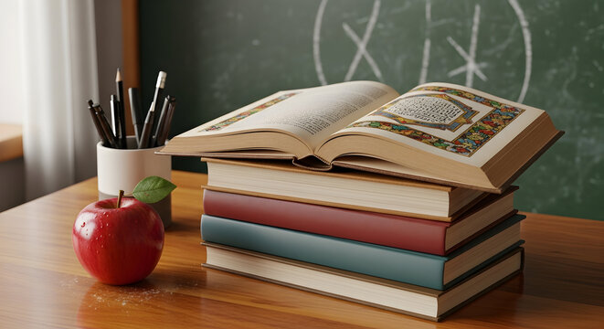 Stack of vintage books on a wooden desk with a red apple and art supplies in front of a chalkboard