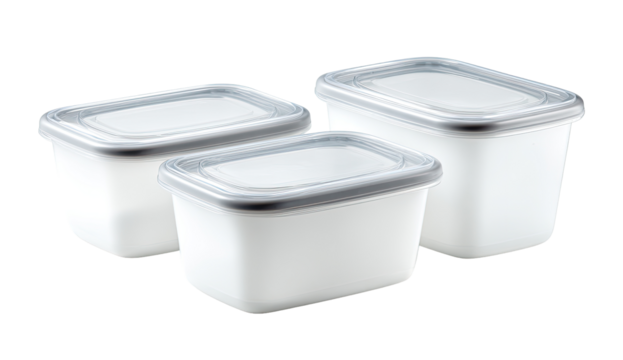 Three rectangular food storage containers, white with light gray lids