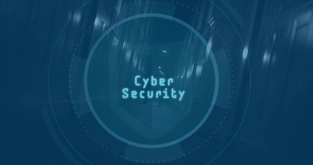 Displaying cybersecurity overlay in dark corridor, with HUD circles, shield and Cyber Security text
