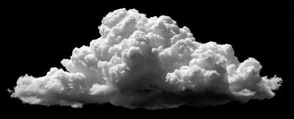 A fluffy white cloud, heavily textured, contrasting against a stark black background, featuring soft shadows and rounded billows