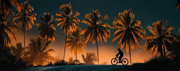 Cyclist rides through a lush mountain forest after the rain, with glistening leaves and fresh, misty air, enjoying nature’s serene beauty