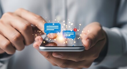 Person holding smartphone with message notifications and sparkling effects overlay