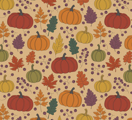 Hand drawn autumn seamless pattern. Vector illustration with pumpkins, fall leaves, and berries in a charming, vintage style. Perfect for fabric, wallpaper, greeting cards, wrapping paper, and harvest