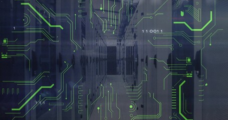 Showing dark server rack corridor inside data center, with green circuit overlay and binary code
