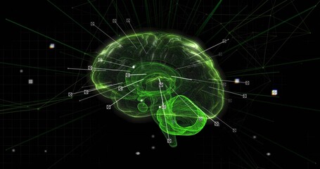 Projecting neon green wireframe brain in virtual grid, radiating connection lines, arrow icon nodes