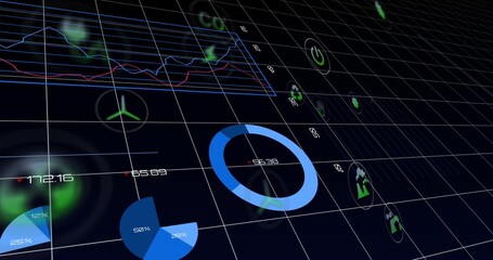 Displaying blue donut chart hovering at center in data dashboard, with pie charts, green icons