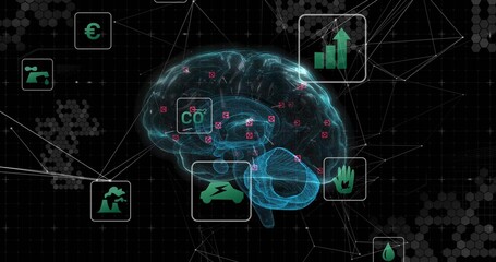 Floating holographic brain model pulsing in data space, with CO2, lightning and bar chart icons