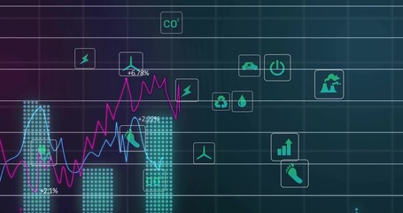 Displaying dashboard showing magenta-light-blue graphs, teal bars with % labels on grid, with icons
