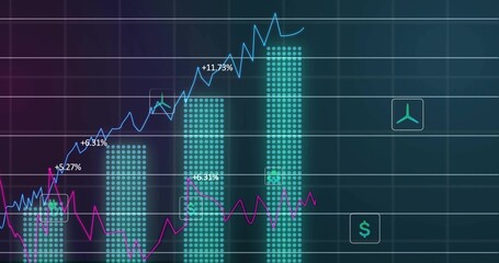 Chart trending upward on grid, featuring blue magenta lines, labeling bars dollar and turbine icons