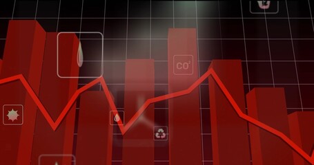 Displaying red 3D bar chart showing fluctuations on dashboard with droplet CO2 recycling sun icons