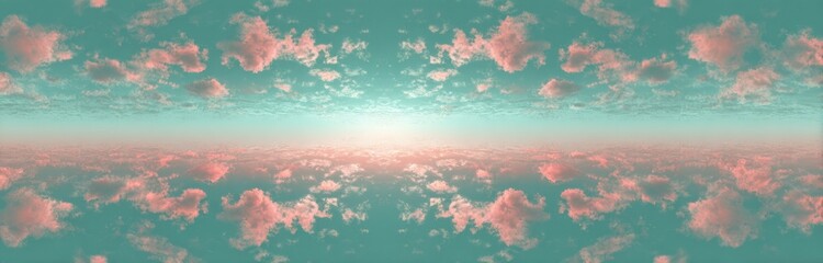 Dreamy sky with mirrored effect, soft pink clouds on a teal backdrop. Horizontal horizon line with a glimmering light source in the distance