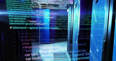 Showing server racks with floating code overlay in data center corridor, with LEDs, copy space