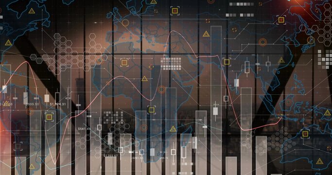 Displaying financial charts with world map overlay on grid window at modern office