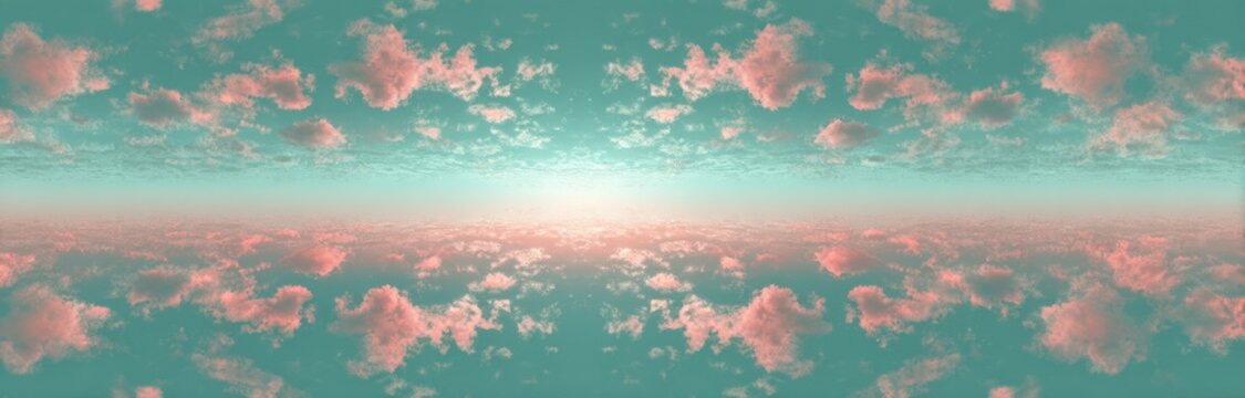 Dreamy sky with mirrored effect, soft pink clouds on a teal backdrop. Horizontal horizon line with a glimmering light source in the distance