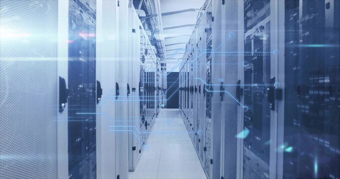 Illuminating data center aisle with server racks, network switches, cable trays, blinking LEDs