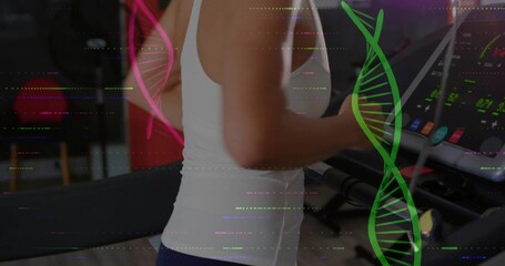 Mid adult woman running on treadmill in gym space, with console display and DNA helix graphics