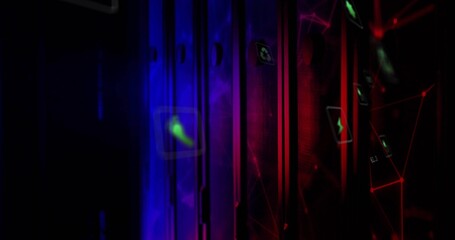 Glowing neon-lit server racks lighting data center corridor, floating icons marking network nodes