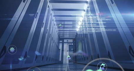 Floating holographic icons displaying network activity along data center aisle, with server racks