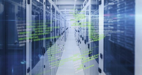 Featuring center aisle showing server cabinets in data center corridor, with hologram code overlay