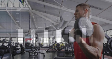 Lifting muscular man holding silver dumbbell at chest level in gym with data overlay, copy space