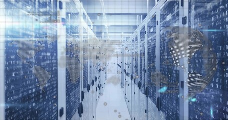 Streaming binary and world map overlay across central server racks in datacenter, with LED lights