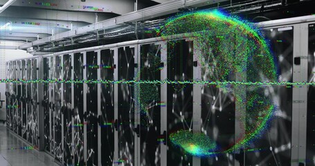 Displaying central server racks lining data center corridor, with digital network globe overlay