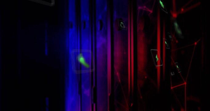 Glowing neon-lit server racks lighting data center corridor, floating icons marking network nodes