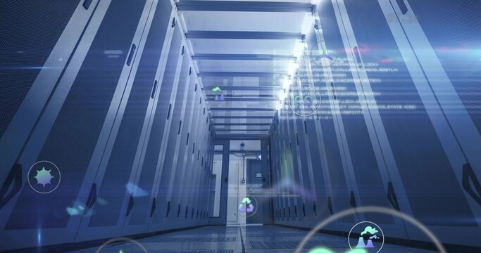 Floating holographic icons displaying network activity along data center aisle, with server racks