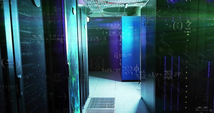 Displaying server rack cabinets glowing with LED lights at data center, with overhead cable trays