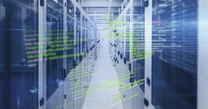 Featuring center aisle showing server cabinets in data center corridor, with hologram code overlay