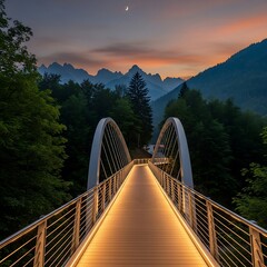 A modern pedestrian bridge stretches across a valley at dusk, illuminated by warm lighting and framed by lush green forests and a majestic mountain range.