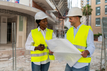 Two diverse Construction workers in hard hat and safety vests reviewing blueprint on building site