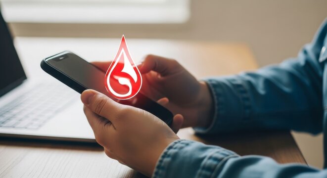Person holding a smartphone with a red blood drop logo displayed on screen - Powered by Adobe