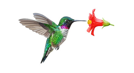 Fototapeta premium Watercolor vector illustration of hummingbird drinking nectar from exotic flower isolated on white background