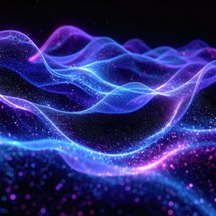Fototapeta premium Abstract flowing digital waves with soft focus, shimmering in blue and violet hues, creating a dreamy, ethereal texture against a dark backdrop