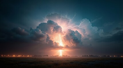 A large cloud with a lightning bolt in the sky over a field