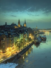 Fototapeta premium A view of a city at night with boats on the water